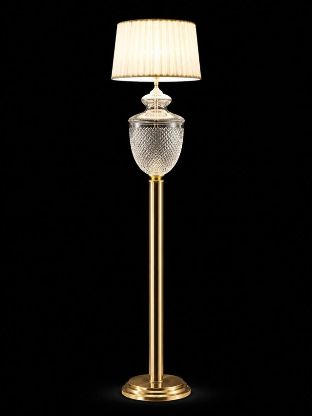 Rajsi Diamond-Cut Glass Urn Floor Lamp — Pleated Warm-Cream Shade · SGE-FL-011 · Samrat Glass Emporium
