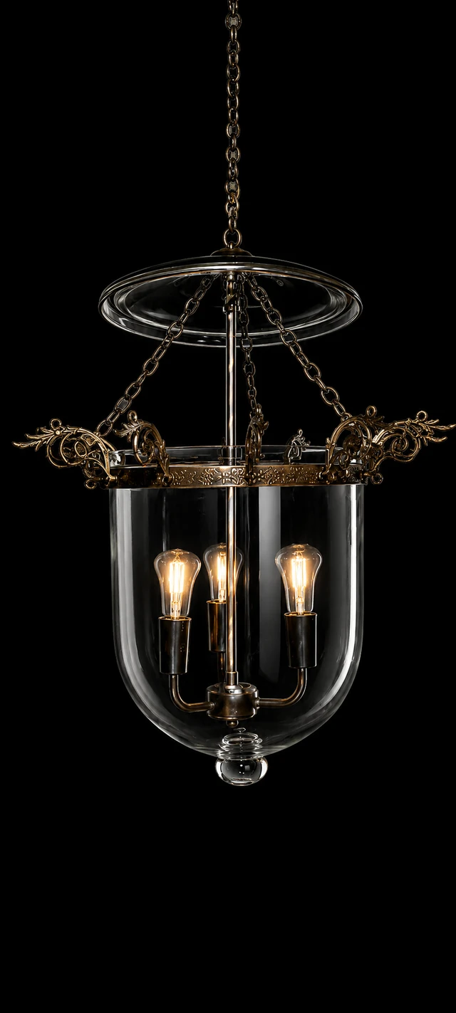 Kandil Bell-Jar Glass Hanging Light — Dragon-Crest Three-Light · SGE-HL-055 · Samrat Glass Emporium