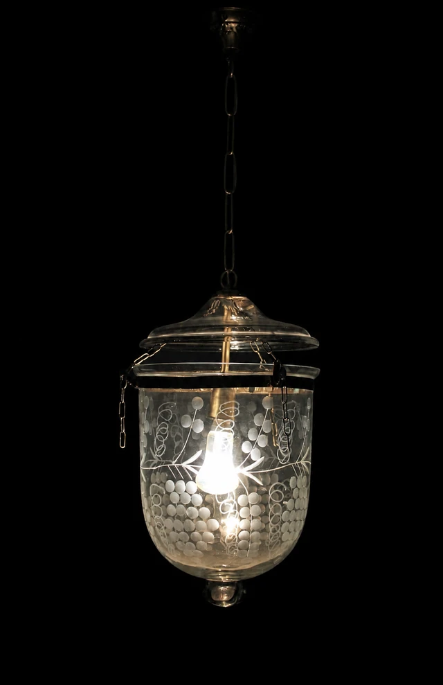 Kandil Bell-Jar Glass Hanging Light — Etched Grape Single-Light · SGE-HL-057 · Samrat Glass Emporium