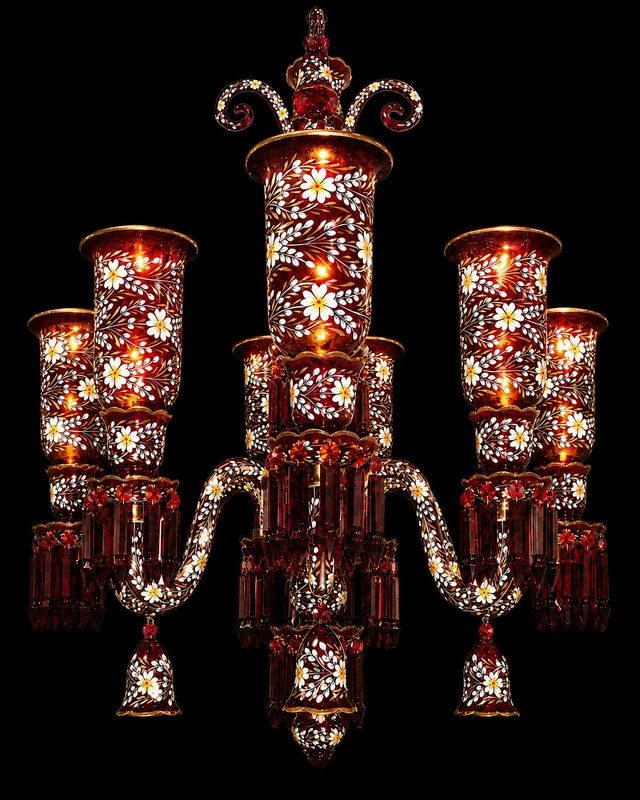 Gulnaqqashi Ruby-Red Hand-Painted Floral-Glass Eight-Light Chandelier · SGE-CH-119 · Samrat Glass Emporium