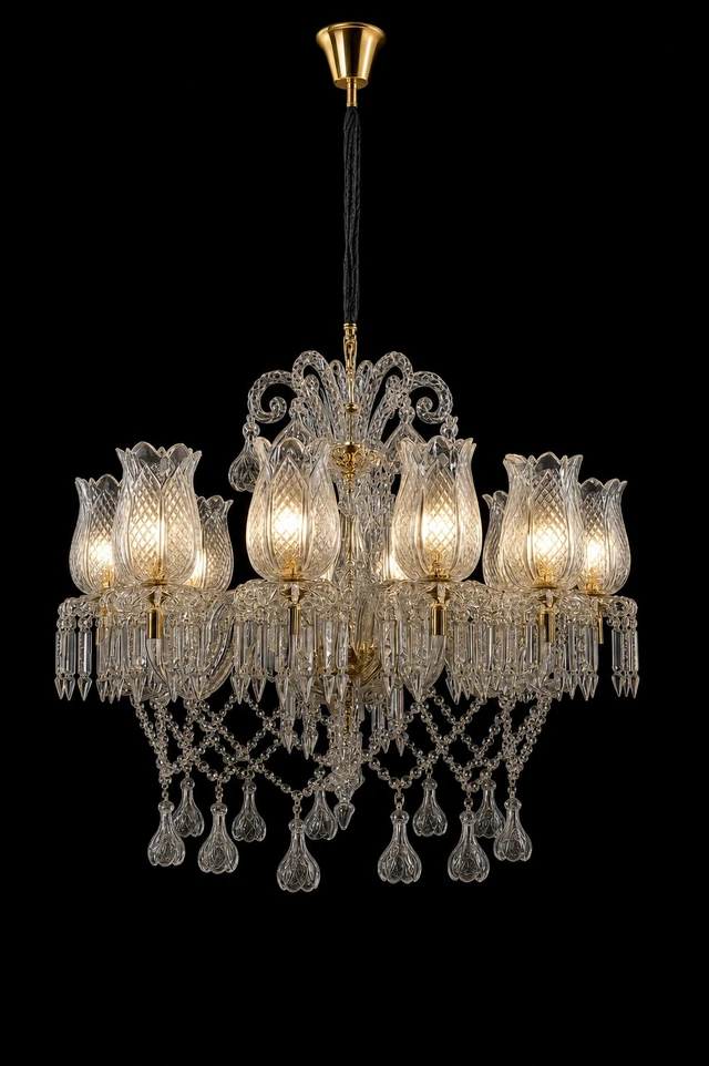 Ratnanjali Pinecone-Tulip Twelve-Light Crystal Chandelier · SGE-CH-034 · Samrat Glass Emporium