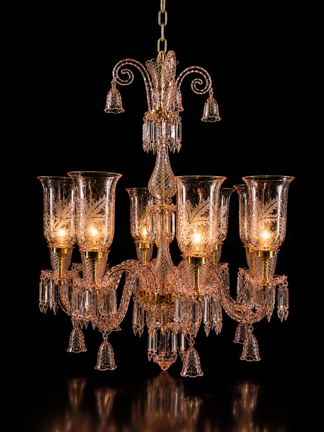 Afsana Etched Leaf Tulip Grand Chandelier — 8-Light Rose Pink · SGE-CH-082 · Samrat Glass Emporium