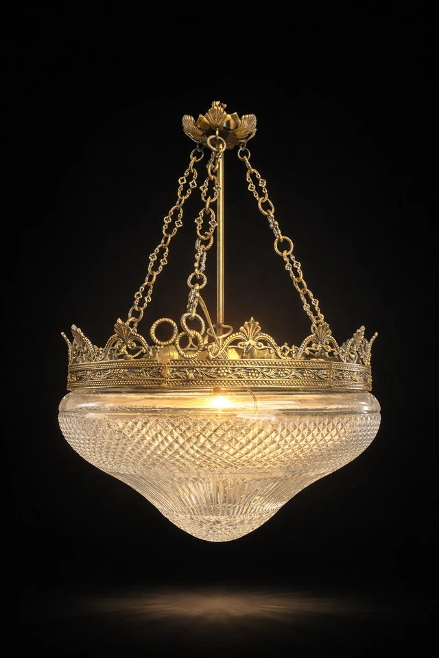 Mukut Diamond-Cut Glass Bowl Hanging Light — Crown-Rim · SGE-HL-012 · Samrat Glass Emporium