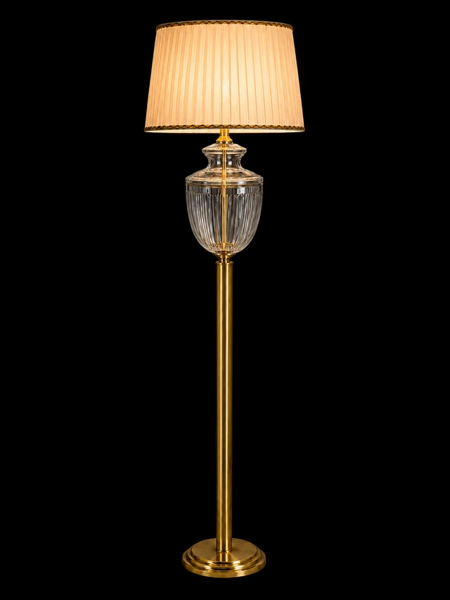Rajsi Flute-Cut Glass Urn Floor Lamp — Pleated Ivory Shade · SGE-FL-017 · Samrat Glass Emporium