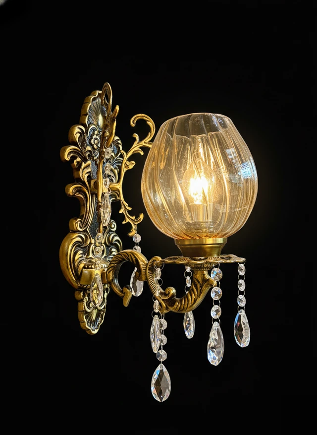 Rajprabha Amber Ribbed Glass Crystal-Drop Wall Lamp · Wall Light · SGE-WL-039 · Samrat Glass Emporium