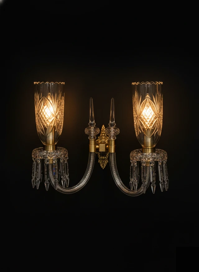 Noorvastra Scalloped Etched-Tulip Twin-Light Crystal Wall Sconce — Crown Crest · Wall Light · SGE-WL-049 · Samrat Glass Emporium