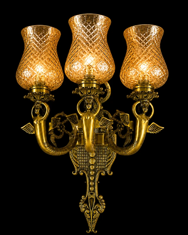 Devangana Sculpted Maiden-Arm Diamond-Lattice Glass Three-Light Wall Sconce · Wall Light · SGE-WL-128 · Samrat Glass Emporium