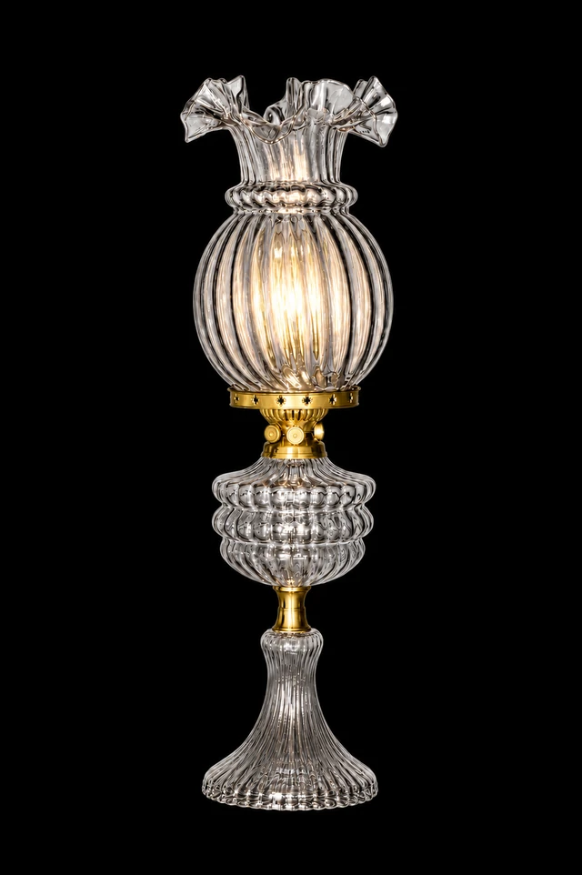 Gulzar Crystal-Clear Ribbed Ruffled-Crown Glass Table Lamp · SGE-TL-017 · Samrat Glass Emporium