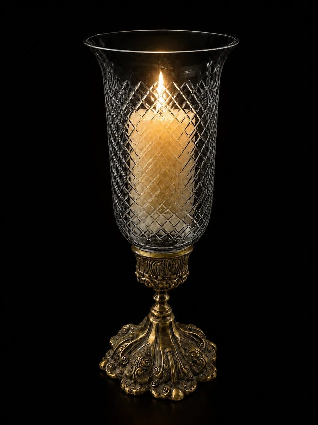 Rajwada Diamond-Cut Hurricane Candle Stand — Clear · SGE-CS-013 · Samrat Glass Emporium