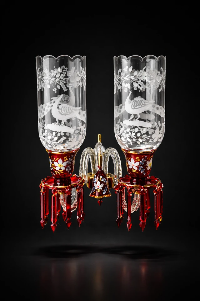 Mayurvan Etched-Peacock Ruby Glass Two-Light Wall Sconce · Wall Light · SGE-WL-106 · Samrat Glass Emporium