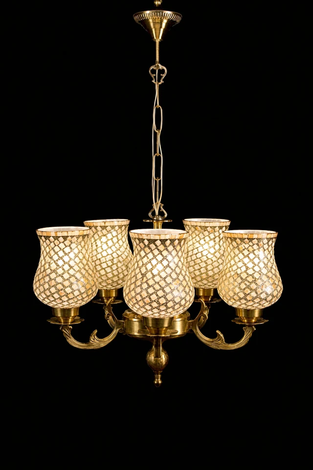 Tarangrekha Brass-Band Ivory Mosaic Glass Five-Light Chandelier · SGE-CH-105 · Samrat Glass Emporium