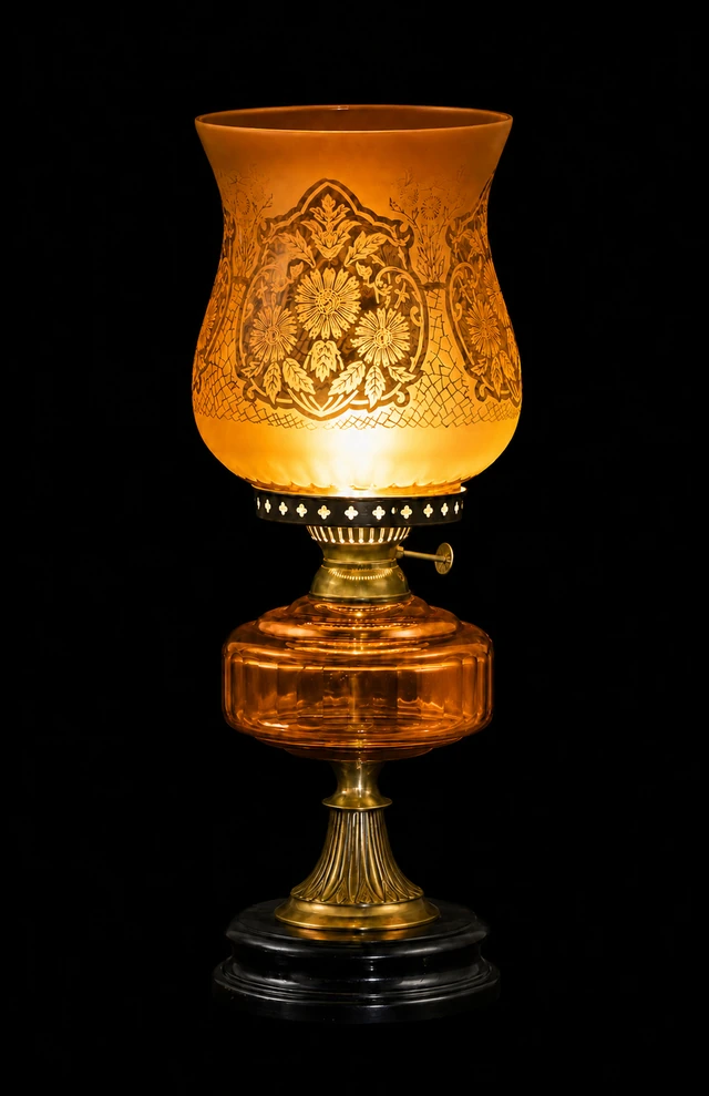 Gulbagh Floral-Etched Hurricane Table Lamp — Amber Gold · SGE-TL-026 · Samrat Glass Emporium
