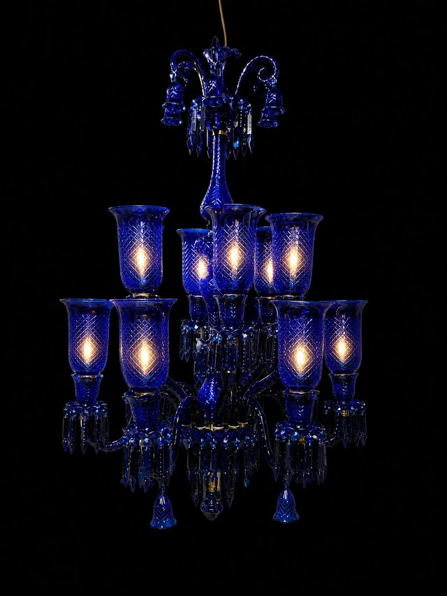 Meher Diamond-Cut Tulip Grand Chandelier — 12-Light Cobalt Blue, Two-Tier · SGE-CH-009 · Samrat Glass Emporium