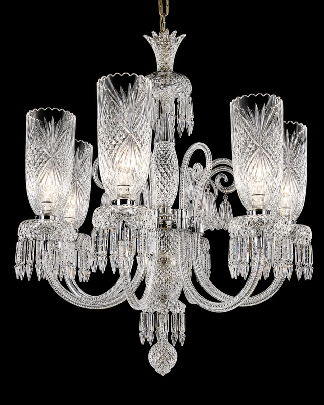 Noorvastra Scalloped Etched-Tulip Eight-Light Crystal Chandelier — Crown Crest · SGE-CH-095 · Samrat Glass Emporium