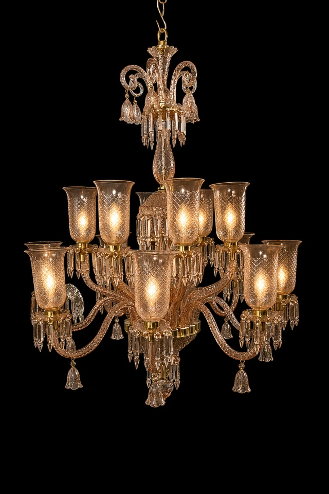 Meher Diamond-Cut Tulip Grand Chandelier — 16-Light Rose Pink, Two-Tier · SGE-CH-128 · Samrat Glass Emporium