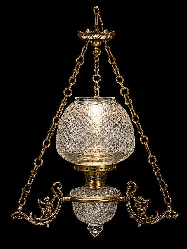 Cherub Motif Diamond-Cut Glass Hanging Light — Triple-Chain Twin Scroll · SGE-HL-071 · Samrat Glass Emporium