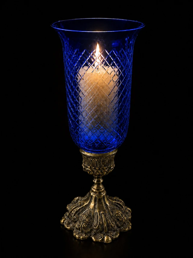 Rajwada Diamond-Cut Hurricane Candle Stand — Cobalt Blue · SGE-CS-014 · Samrat Glass Emporium