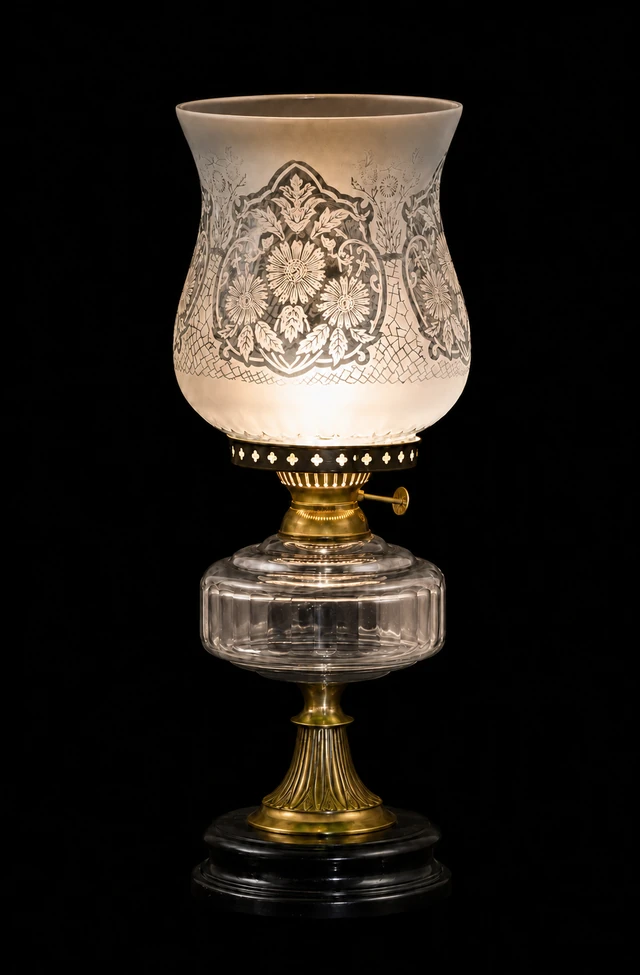 Gulbagh Floral-Etched Hurricane Table Lamp — Frosted Clear · SGE-TL-027 · Samrat Glass Emporium