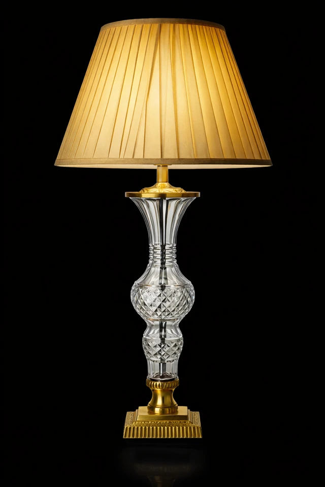 Ratnadeep Diamond-Cut Crystal Baluster Table Lamp – Pleated Gold Shade · SGE-TL-059 · Samrat Glass Emporium