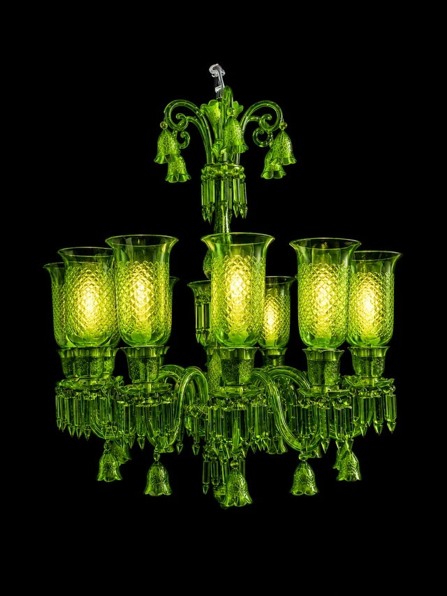 Meher Diamond-Cut Tulip Grand Chandelier — 12-Light Emerald Green · SGE-CH-085 · Samrat Glass Emporium