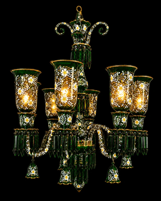 Gulnaqqashi Emerald-Green Hand-Painted Floral-Glass Eight-Light Chandelier · SGE-CH-117 · Samrat Glass Emporium