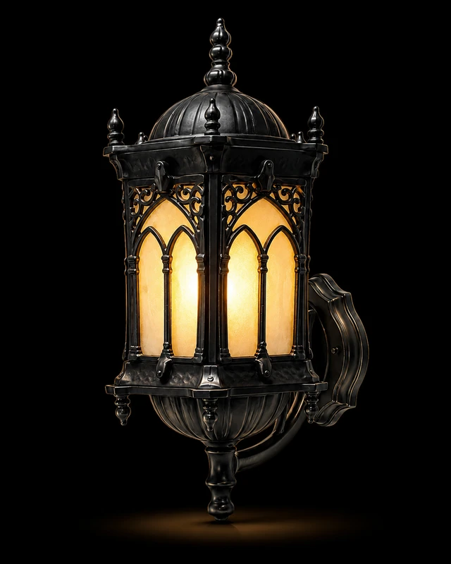 Mehrab Gothic-Arch Matte-Black Grand Outdoor Wall Lantern · Gate Light · SGE-GL-011 · Samrat Glass Emporium