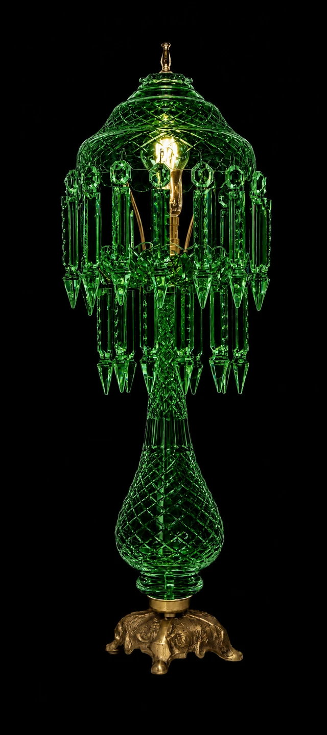 Sheesh Mahal Emerald-Green Diamond-Cut Prism-Canopy Table Lamp · SGE-TL-037 · Samrat Glass Emporium