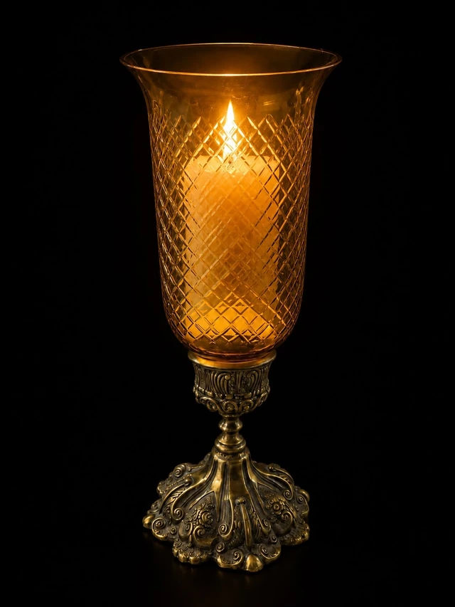 Rajwada Diamond-Cut Hurricane Candle Stand — Amber · SGE-CS-009 · Samrat Glass Emporium