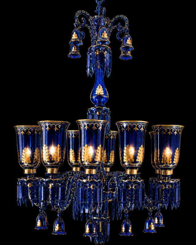 Bagh-e-Noor Gold-Decorated 12-Light Glass Chandelier — Cobalt Blue · SGE-CH-094 · Samrat Glass Emporium