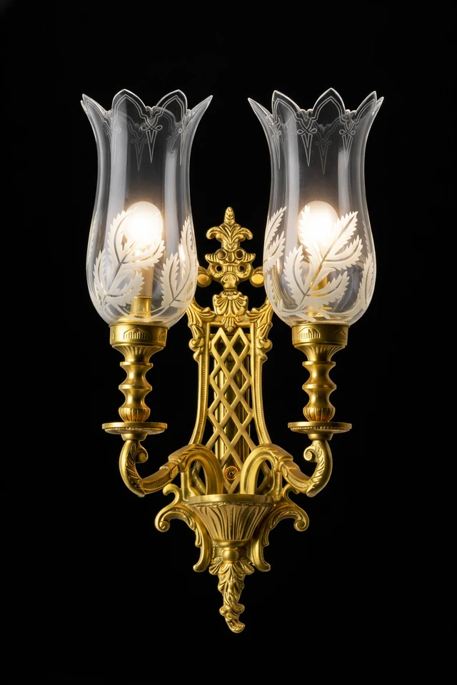 Jaalmahal Etched-Tulip Twin-Light Antique Brass Wall Sconce · Wall Light · SGE-WL-082 · Samrat Glass Emporium
