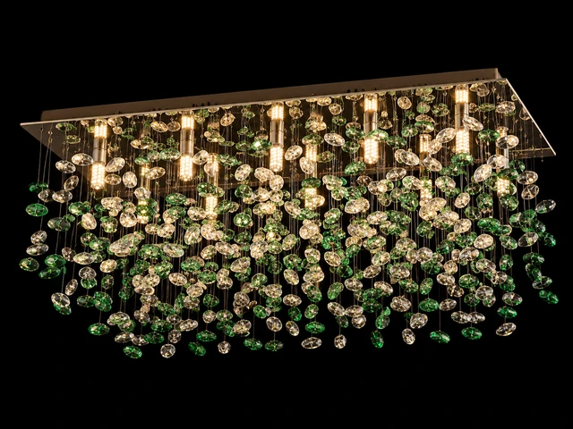 Haritvarsha Emerald-and-Clear Crystal-Disc Rectangular Rainfall Chandelier — Chrome · SGE-CH-103 · Samrat Glass Emporium