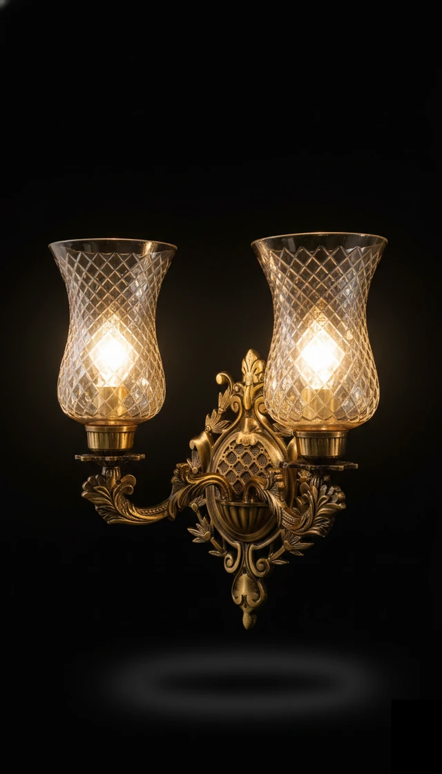 Yugalrekha Diamond-Lattice Clear Glass Twin-Light Antique-Brass Wall Sconce · Wall Light · SGE-WL-111 · Samrat Glass Emporium