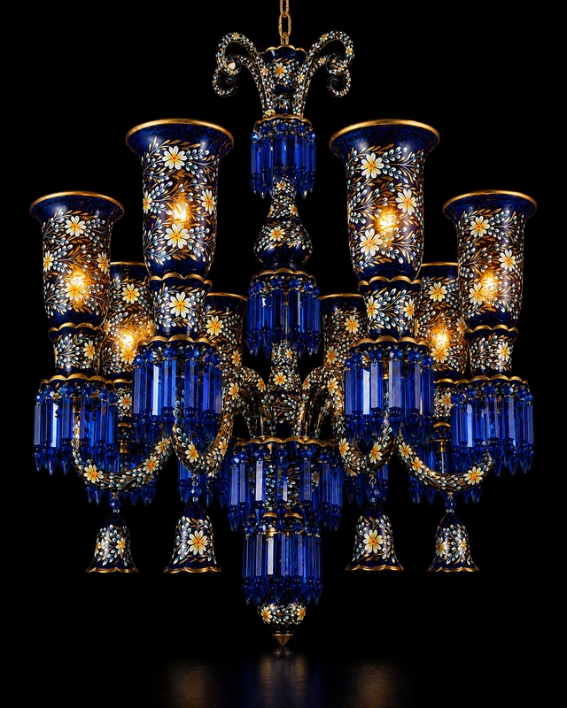 Gulnaqqashi Cobalt-Blue Hand-Painted Floral-Glass Eight-Light Chandelier · SGE-CH-118 · Samrat Glass Emporium