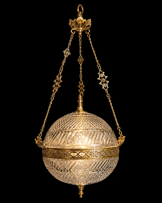 Golak Glass Globe Hanging Light — Diamond-Cut Lotus Tripod · SGE-HL-067 · Samrat Glass Emporium
