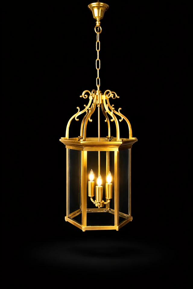 Rajdwar Clear-Glass Lantern Hanging Light — Three-Light Scroll Crown · SGE-HL-013 · Samrat Glass Emporium