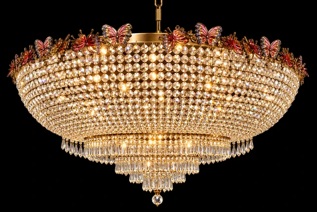 Ratnajaal Butterfly-Crown Crystal-Bead Basket Chandelier · SGE-CH-151 · Samrat Glass Emporium