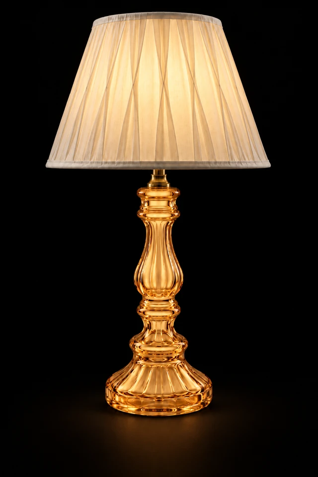 Rangstambh Amber Fluted-Glass Baluster Table Lamp — Pleated Ivory Shade · SGE-TL-090 · Samrat Glass Emporium
