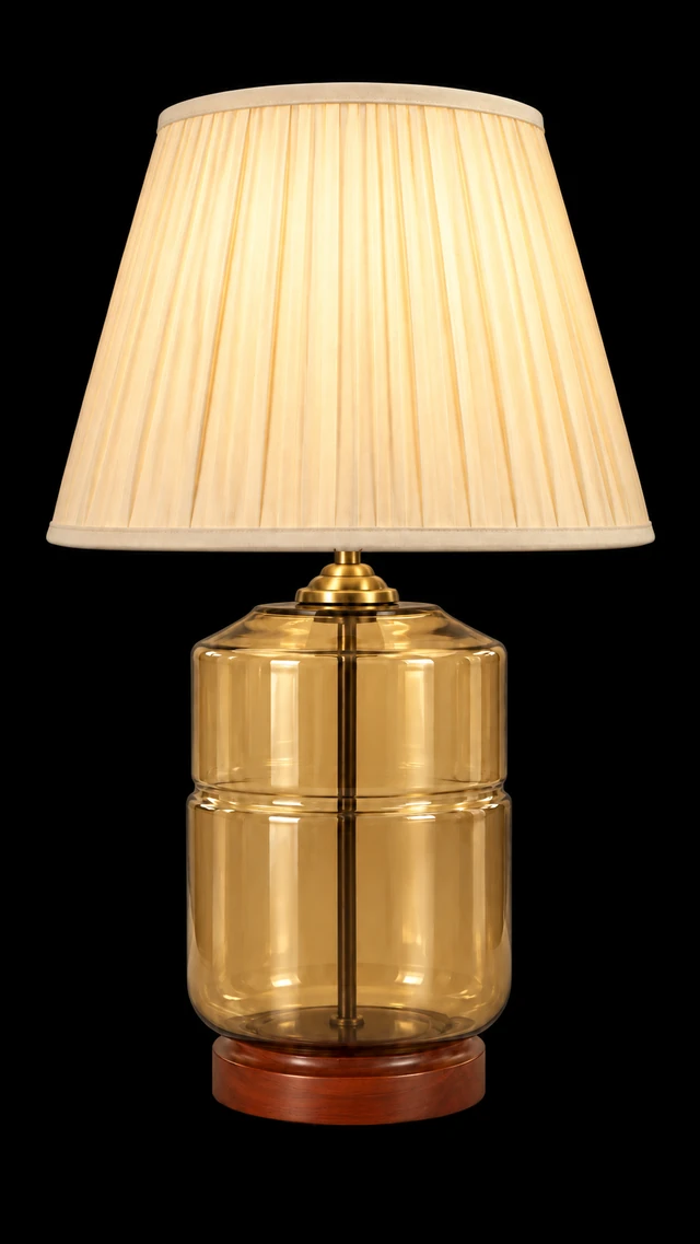 Luster-Golden Glass Cylinder Table Lamp — Segmented Body & Pleated Ivory Shade · SGE-TL-094 · Samrat Glass Emporium