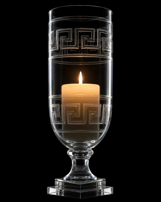 Anantrekha Greek-Key Clear Glass Hurricane Candle Stand · SGE-CS-018 · Samrat Glass Emporium