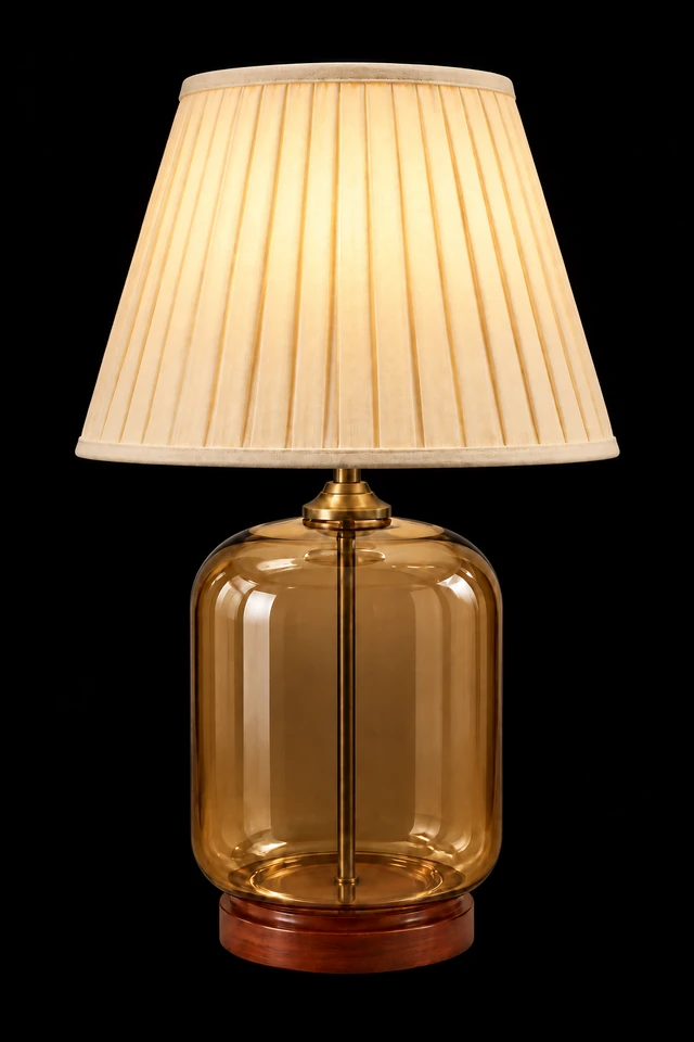 Luster-Golden Glass Cylinder Table Lamp — Seamless Body & Pleated Ivory Shade · SGE-TL-095 · Samrat Glass Emporium