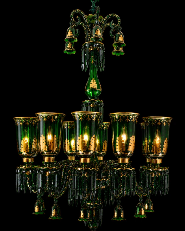 Bagh-e-Noor Gold-Decorated 12-Light Glass Chandelier — Emerald · SGE-CH-091 · Samrat Glass Emporium