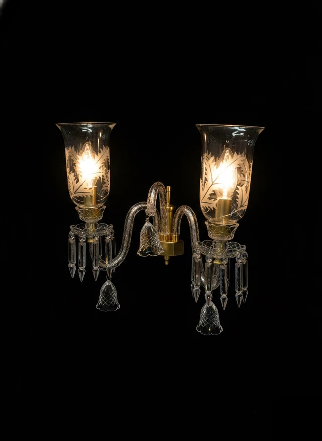 Afsana Etched-Leaf Tulip Two-Light Clear Crystal-Arm Wall Sconce · Wall Light · SGE-WL-100 · Samrat Glass Emporium