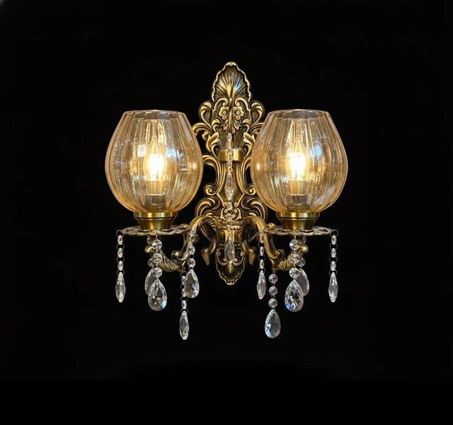 Rajprabha Amber Ribbed Glass Crystal-Drop Twin-Light Wall Sconce · Wall Light · SGE-WL-040 · Samrat Glass Emporium