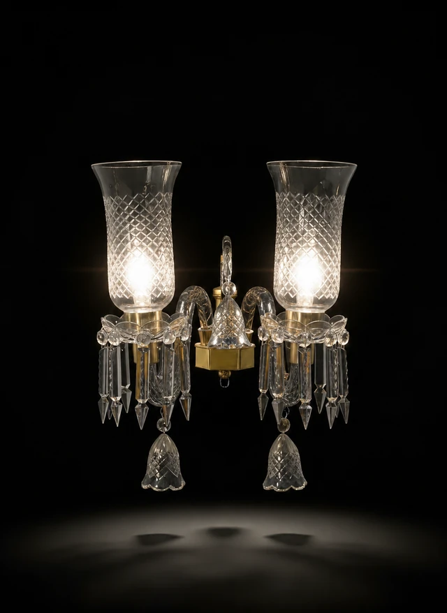 Meher Diamond-Cut Tulip Twin-Light Crystal Wall Sconce — Crystal Clear · Wall Light · SGE-WL-067 · Samrat Glass Emporium