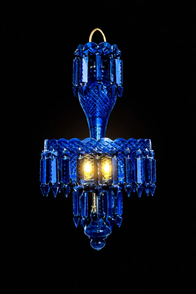 Haritma Cobalt Cut-Glass Hanging Light — Twin-Light Prism Cascade · SGE-HL-085 · Samrat Glass Emporium