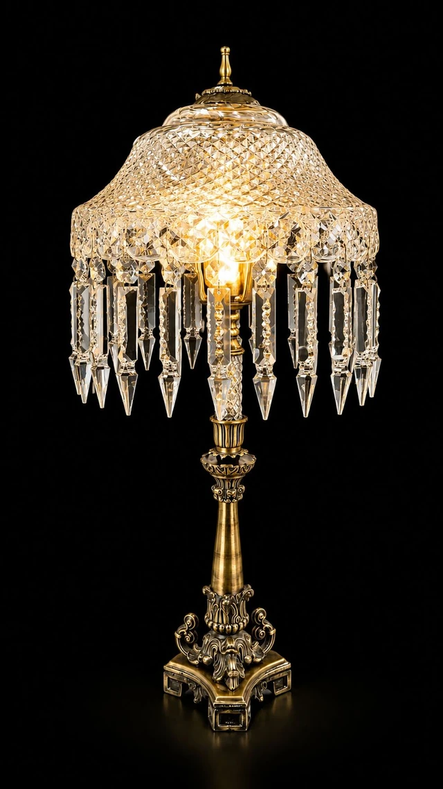 Ratnadeep Diamond-Cut Crystal-Prism Antique Brass Table Lamp · SGE-TL-001 · Samrat Glass Emporium