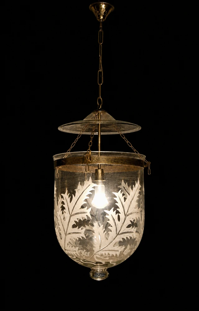 Kandil Bell-Jar Glass Hanging Light — Etched Fern Grand · SGE-HL-052 · Samrat Glass Emporium