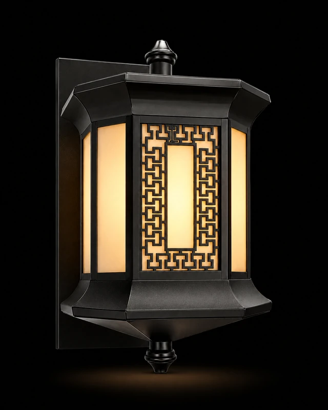 Yantra Greek-Key Matte-Black Outdoor Wall Lantern · Gate Light · SGE-GL-010 · Samrat Glass Emporium