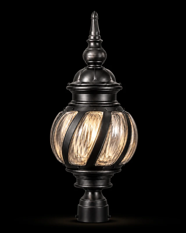 Chakravyuh Ribbed Globe Black Gate Pillar Lamp · Gate Light · SGE-GL-016 · Samrat Glass Emporium