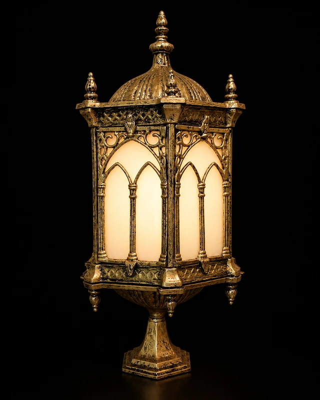 Mehrab Gothic-Arch Antique-Gold Gate Lantern · Gate Light · SGE-GL-006 · Samrat Glass Emporium